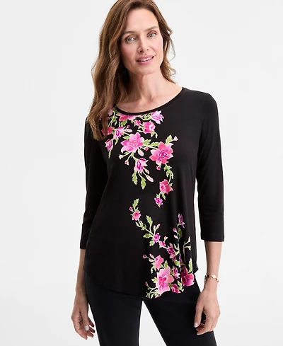 Jm Collection Petite Floral 3/4-Sleeve Top, Exclusively at Macy's