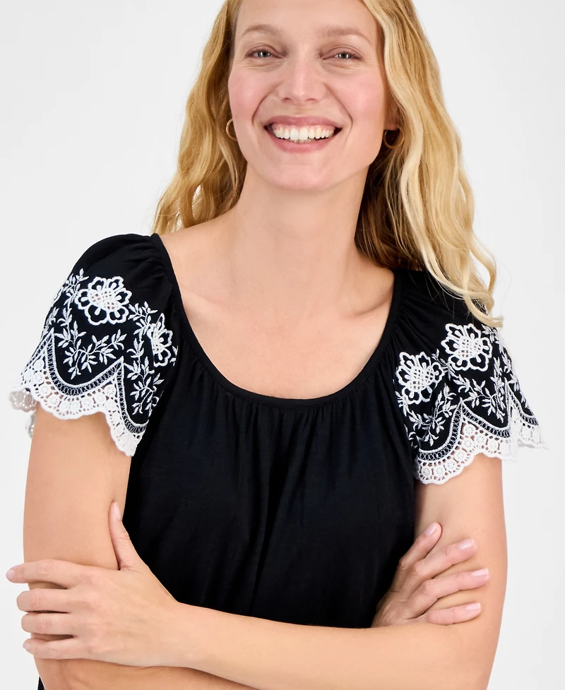 Style & Co Women's Scoop-Neck Embroidered Short-Sleeve Top, Exclusively at Macy's
