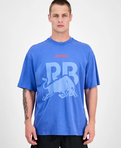 Hugo by Hugo Boss Men's Washed Fanwear Oversized Short Sleeve Crewneck Bull Graphic T-Shirt
