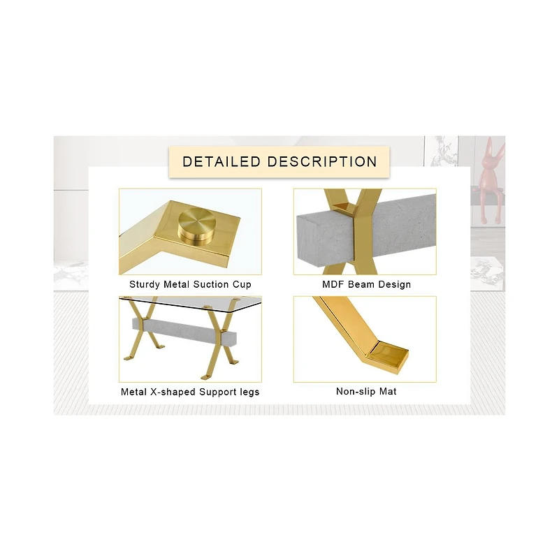 Streamdale Modern Glass Dining Table with Gold Legs, Multipurpose for Home/Office (71"x35"x30")