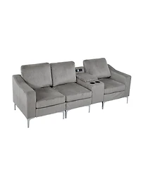 Convertible Sectional Corduroy Sofa with Cupholders, Usb,Three-seater,Gray