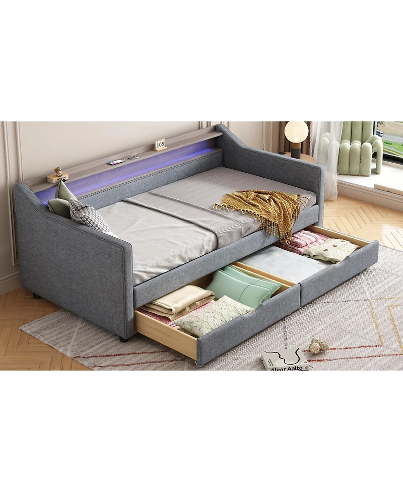 Streamdale Twin Daybed with Storage, Shelves & Usb Ports, Linen Upholstered Sofa with Led Light