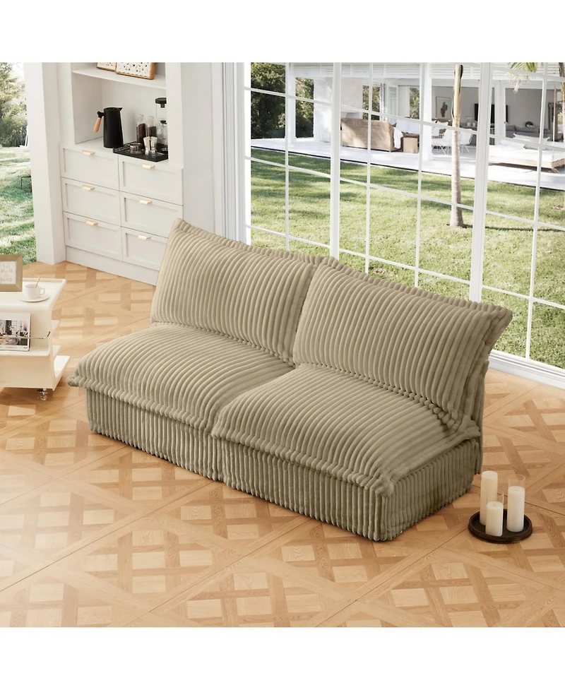 Camel Corduroy Armless Sofa with Pillows