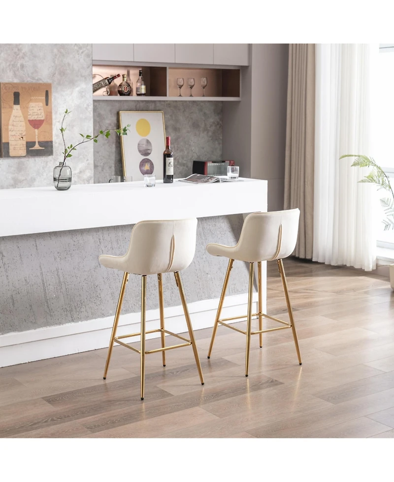 Streamdale Velvet Counter Stool Duo with Golden Legs and Chrome Footrest