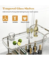 2-Tier Tempered Glass Bar Cart with 2 Large Aluminum Wheels and 2 Rolling Casters