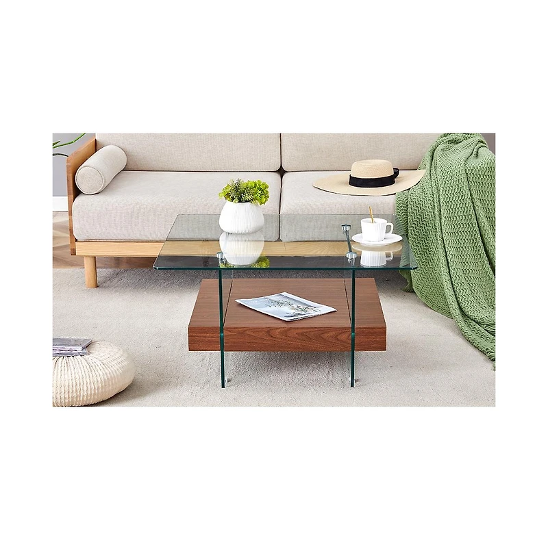 Streamdale Modern Square Glass Coffee Table with Two Tiers (31.4