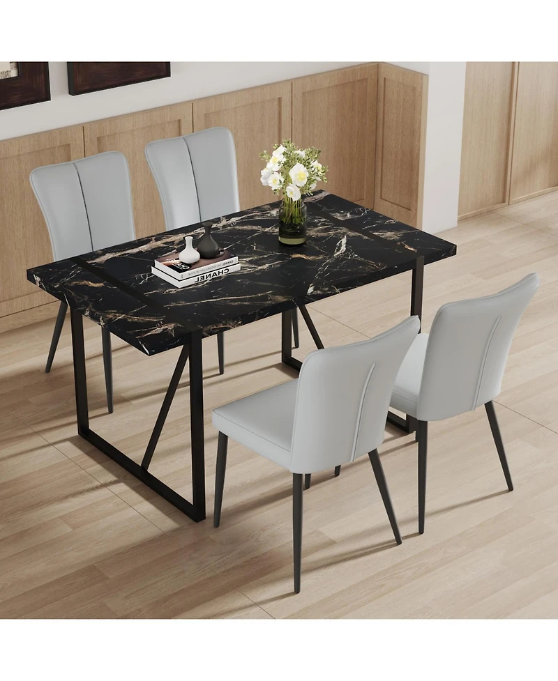 Streamdale Furniture Modern Marble Dining Set Black Table & Light Gray Striped Chairs