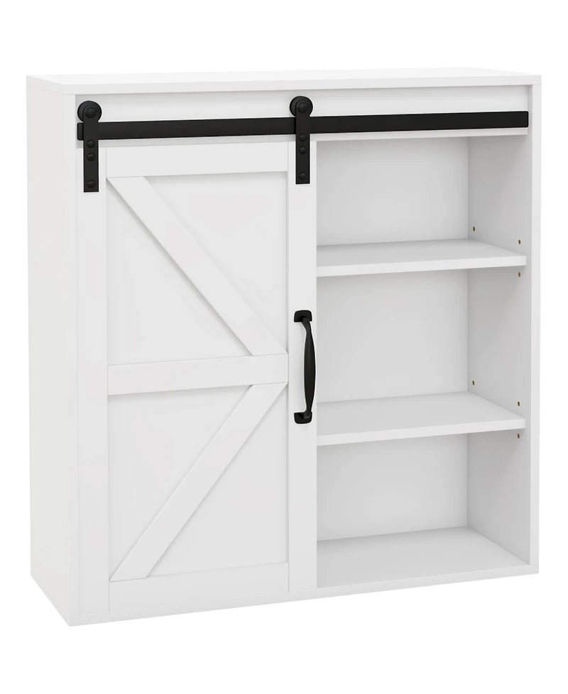 Farmhouse Bathroom Wall Cabinet, Medicine Cabinet with Sliding Barn Door and Adjustable Shelf, Over the Toilet Cabinet, White