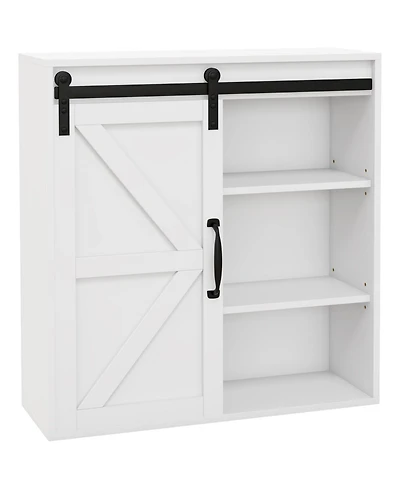 Farmhouse Bathroom Wall Cabinet, Medicine Cabinet with Sliding Barn Door and Adjustable Shelf, Over the Toilet Cabinet, White