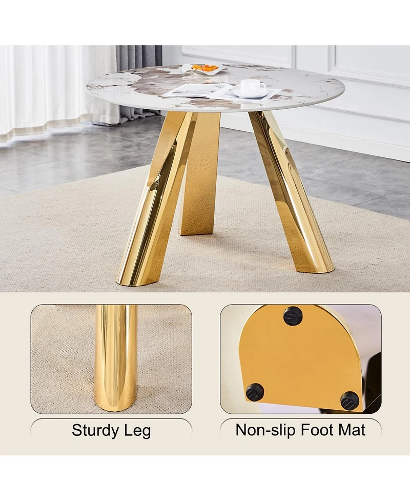 Streamdale 42-inch Round White Pattern Burning Stone Table with Gold Legs