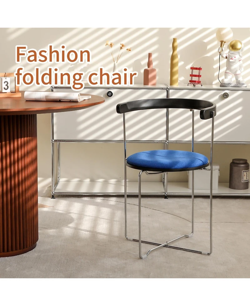 Streamdale Modern Folding Dining Chair, Upholstered with Wood Back, Chrome Frame (Blue, 1 Pack)