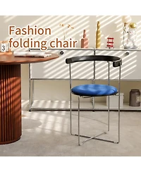 Streamdale Modern Folding Dining Chair, Upholstered with Wood Back, Chrome Frame (Blue, 1 Pack)