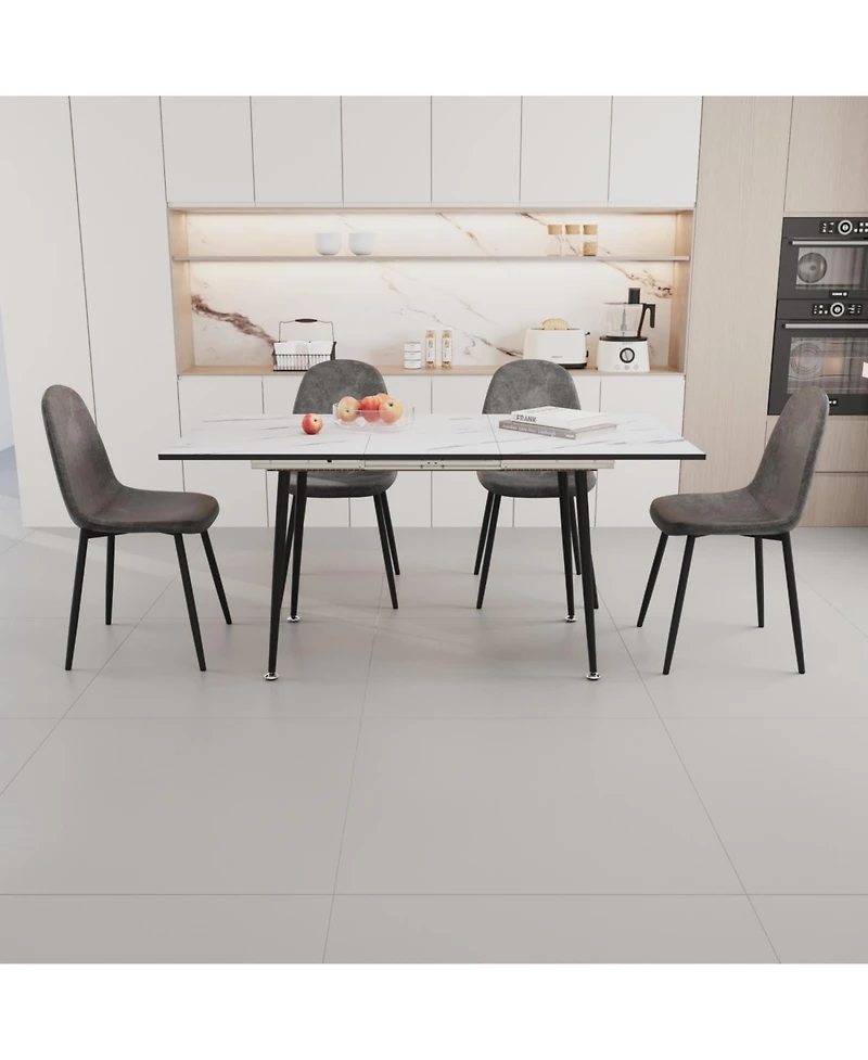 Streamdale Modern 47"-63" Extendable Dining Table & Chair Set, 4-Piece, White Table, Gray Round Chairs