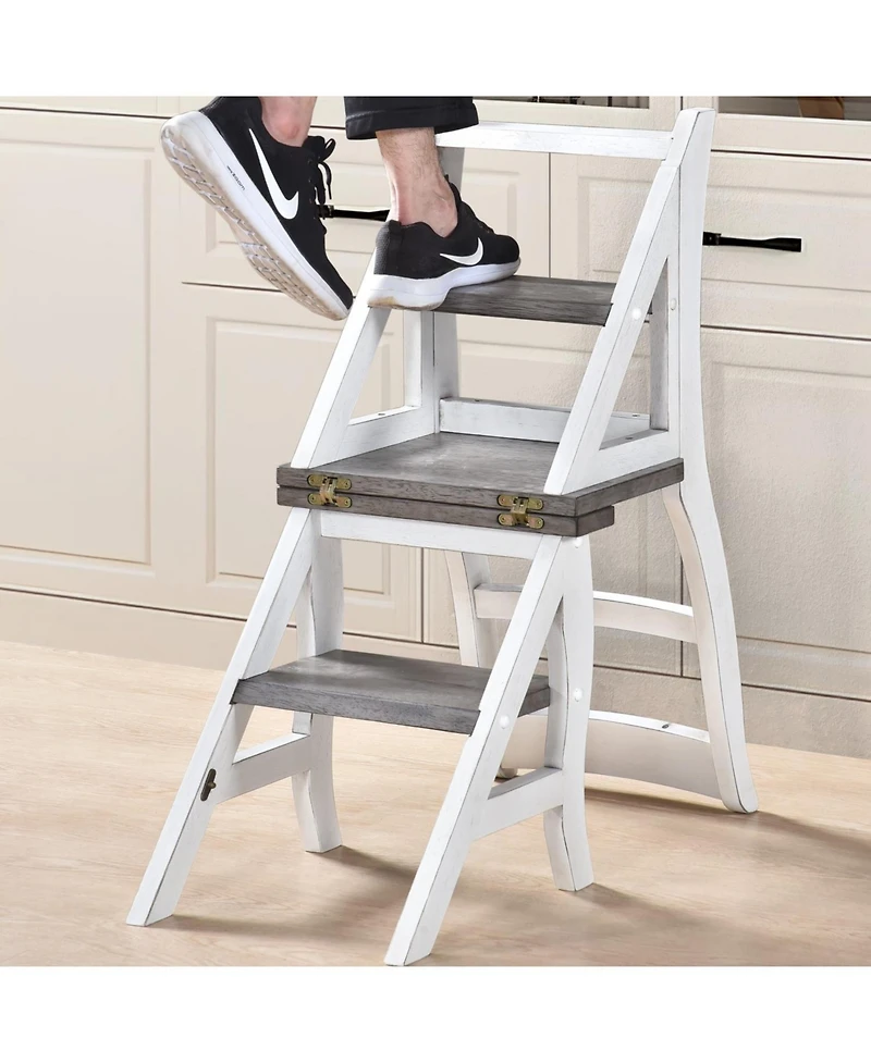 Streamdale Solid Wood Foldable Ladderchair Dual Purpose Stepladders Step Display Stand Flower Stand forHome,Library,Kitchen