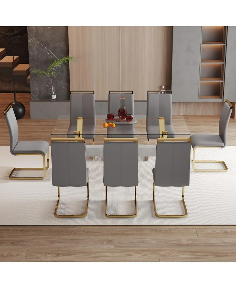 Streamdale Elegant Glass Dining Set with 8 Gray Chairs and Golden Metal Accents