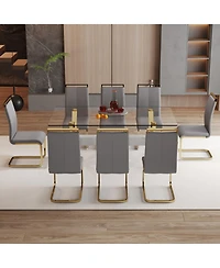 Streamdale Elegant Glass Dining Set with 8 Gray Chairs and Golden Metal Accents