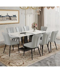Pandora Dining Set: 71" Tempered Glass Table & 8 Striped Gray Chairs