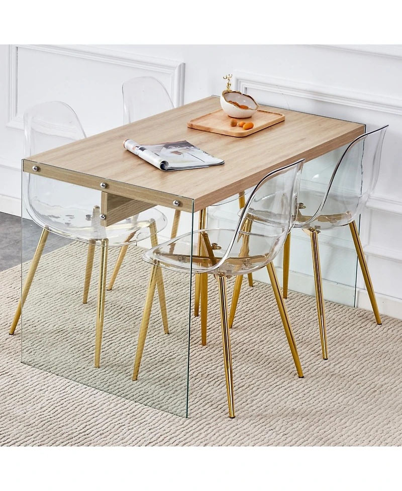 Streamdale Contemporary Wood Table and Chair Set Textured Mdf Table with Tempered Glass Legs and 4 Acrylic Chairs on Gold Bases