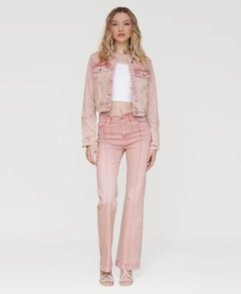 Avec Les Filles Womens Trucker Jacket Pintucked Flared Jeans