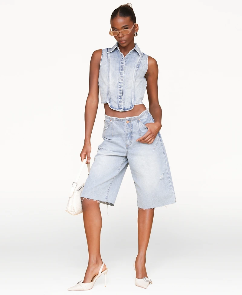 Avec Les Filles Women's Sleeveless Tuxedo Cotton Denim Shirt