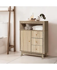 LuxenHome Natural Finish Wave-Patterned Manufactured Wood 3-Drawer 1-Door Bathroom Cabinet