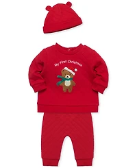 Little Me Baby Boys My 1st Christmas Bear Quilted Sweatshirt, Hat & Pants, 3 Piece Set