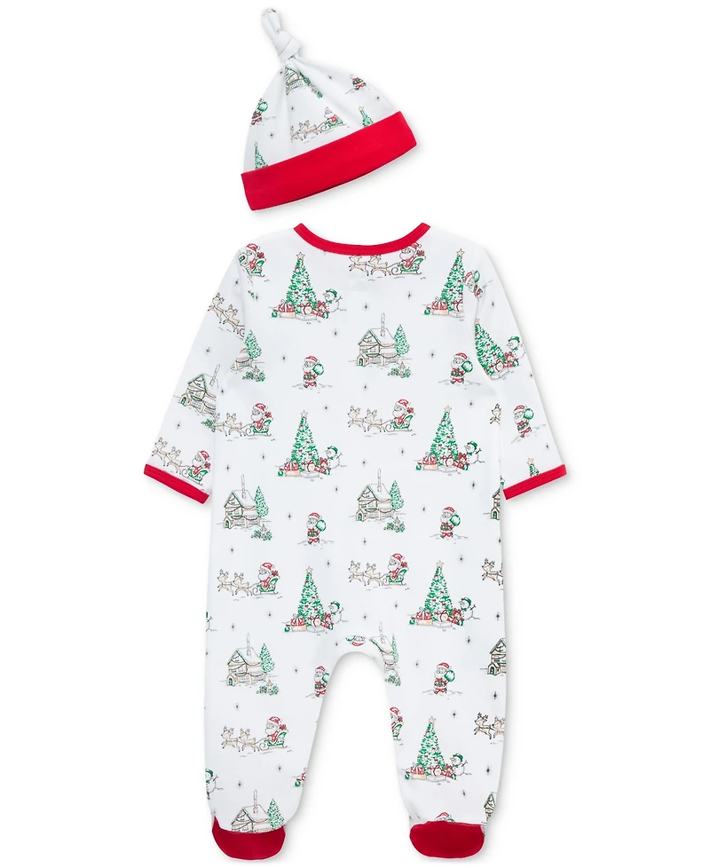 Little Me Baby Cotton Holiday Scene Footed Coverall & Hat
