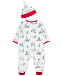 Little Me Baby Cotton Holiday Scene Footed Coverall & Hat