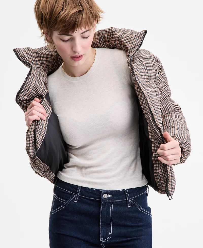 Sebby Women's Plaid Zip-Front Puffer Coat