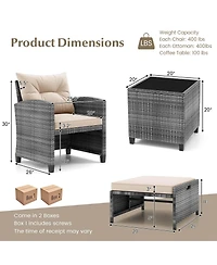 5 Piece Patio Rattan Furniture with 2 Ottomans & Tempered Glass Coffee Table