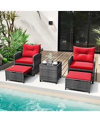 5 Piece Patio Rattan Furniture with 2 Ottomans & Tempered Glass Coffee Table