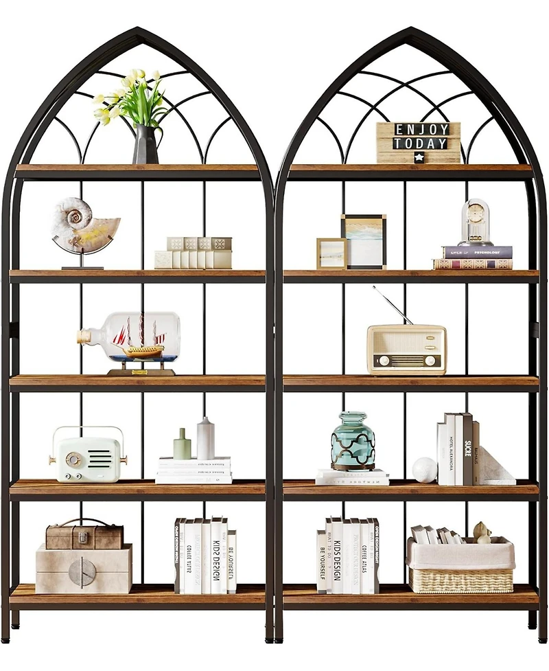 Tribesigns 5-Tier Bookshelf Set of 2, 74.8-Inch Tall Bookshelf, Industrial Curved Freestanding Display Shelf
