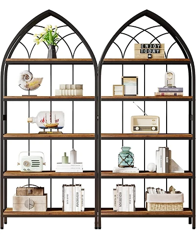 Tribesigns 5-Tier Bookshelf Set of 2, 74.8-Inch Tall Bookshelf, Industrial Curved Freestanding Display Shelf
