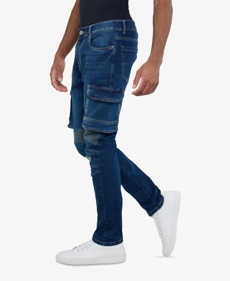 Raw X Men's Slim Fit Moto Rip Repair Cargo Jeans