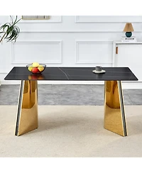 Streamdale Black Marble-Patterned Dining Table with Golden Butterfly Legs (Heat-Resistant)