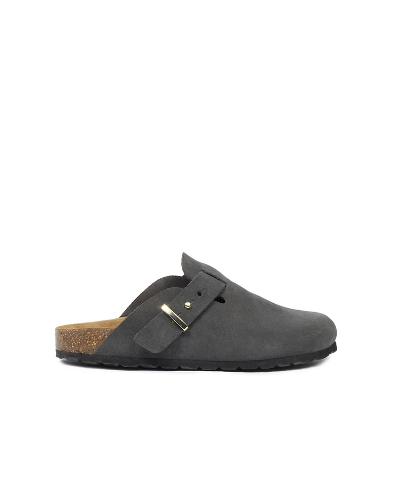 Stud strap clog with modern buckle.