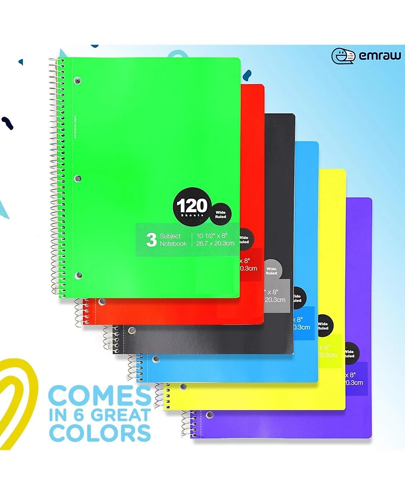 Emraw 3 Subject Spiral Notebooks Pink, Wide Ruled, 120 Sheets White Paper Ideal for Class Assignments, Homework, Planning and General Notes