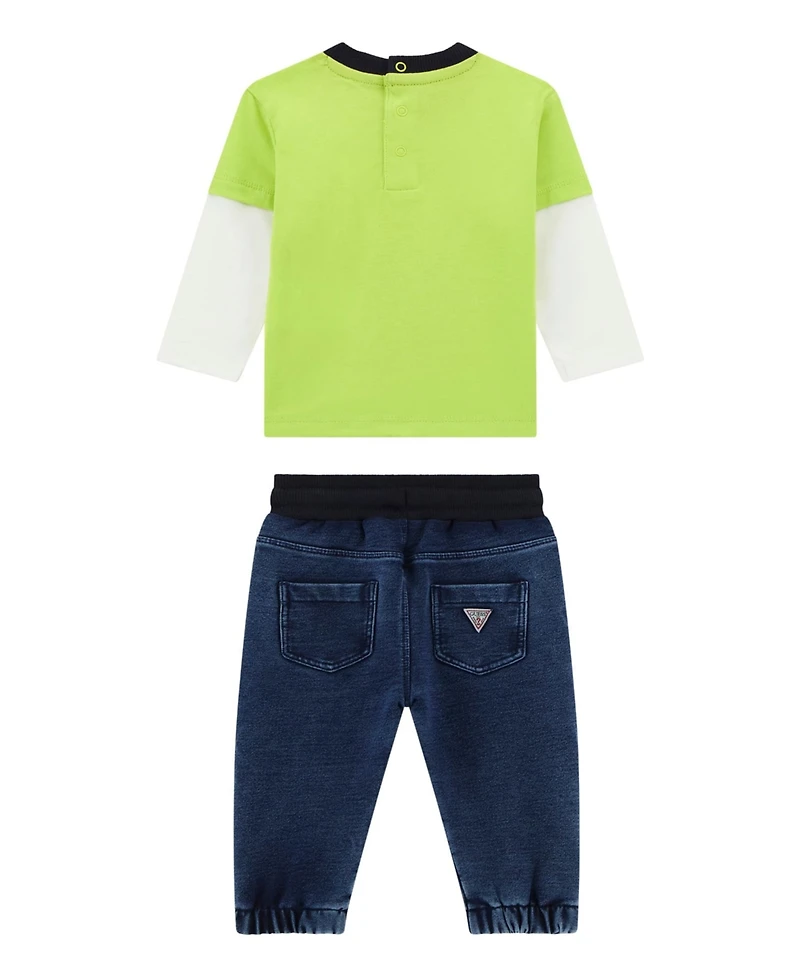 Guess Baby Boys 2-Piece Long Sleeve Two-Fer Shirt and Knit Denim Pants Set