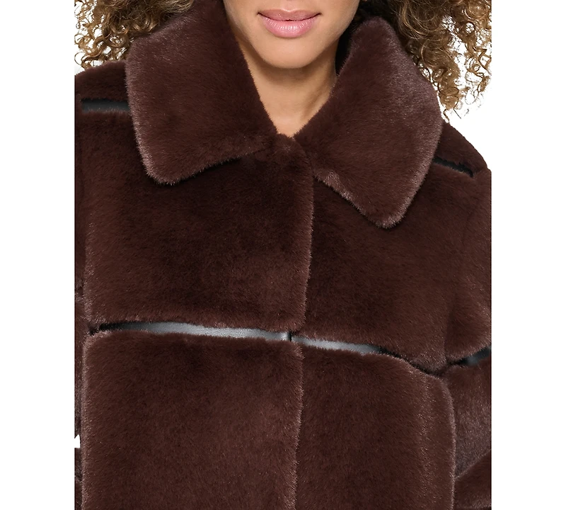 Karl Lagerfeld Paris Womens Faux-Leather Trim Faux-Fur Coat