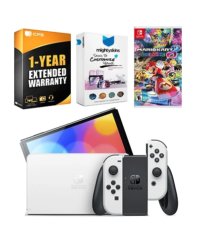 Nintendo Switch White Oled Console with Mario Kart 8 Deluxe, MightySkins Console and Controller Skin Voucher