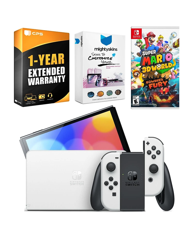 Nintendo Switch White Oled Console with Super Mario 3D World + Bowser s Fury, MightySkins Console and Controller Skin Voucher