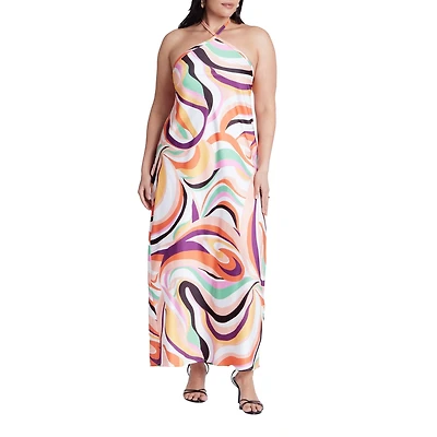 Eloquii Women's Tie Neck Printed Maxi Dress