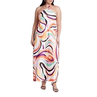 Eloquii Women's Tie Neck Printed Maxi Dress