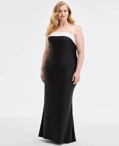 City Studios Trendy Plus Overlay-Band Power-Satin Gown