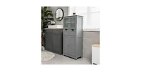 4 Door Freestanding Bathroom Floor Storage Cabinet with 2 Drawers and Glass Doors