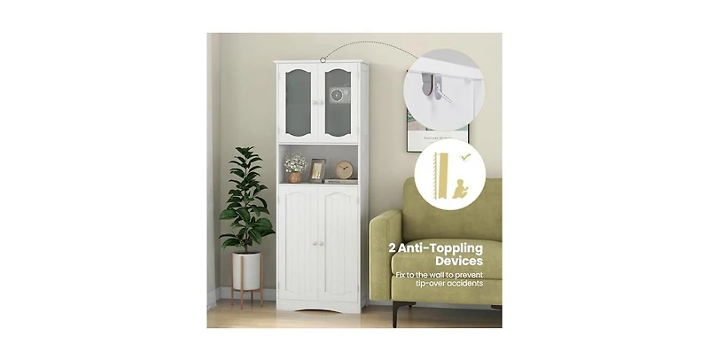 64.5 Inches Tall Bathroom Storage Cabinet with Frost Glass Doors and Shelves