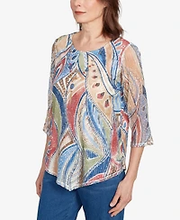 Alfred Dunner Petite El Paso Printed Leaf Textured Top with Necklace