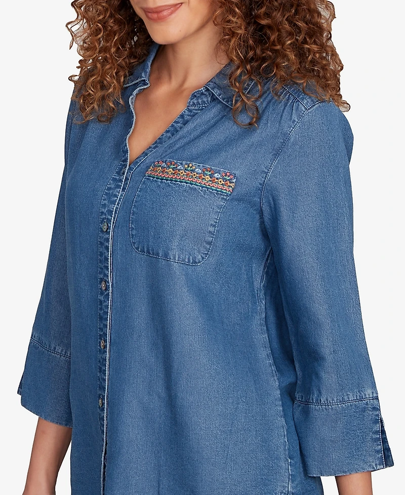 Alfred Dunner Petite El Paso Embroidered Butterfly Button Front Top