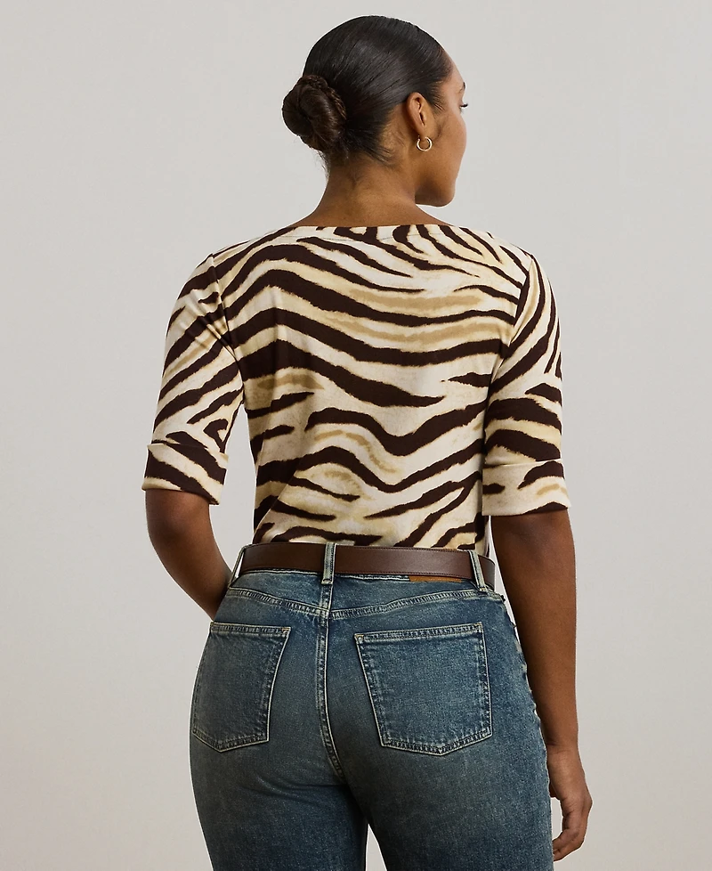Lauren Ralph Plus Zebra-Print Stretch Cotton Boatneck Tee