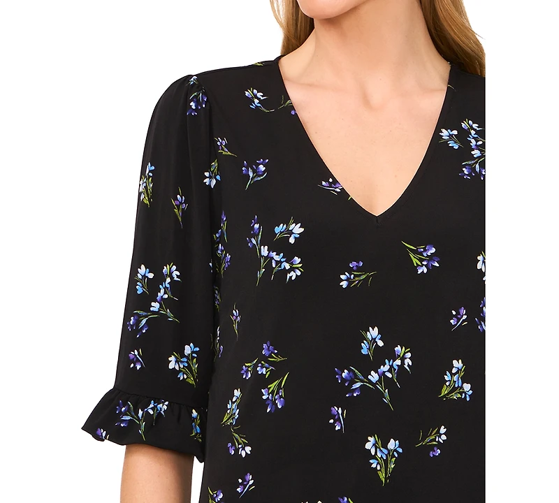 CeCe Women's Printed V-Neck 3/4-Ruffle-Sleeve Top